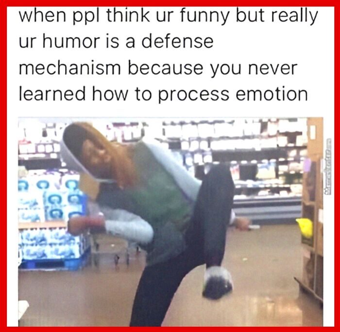 Person in a grocery store doing a playful kick, illustrating humor as a defense mechanism related to neurodivergence.
