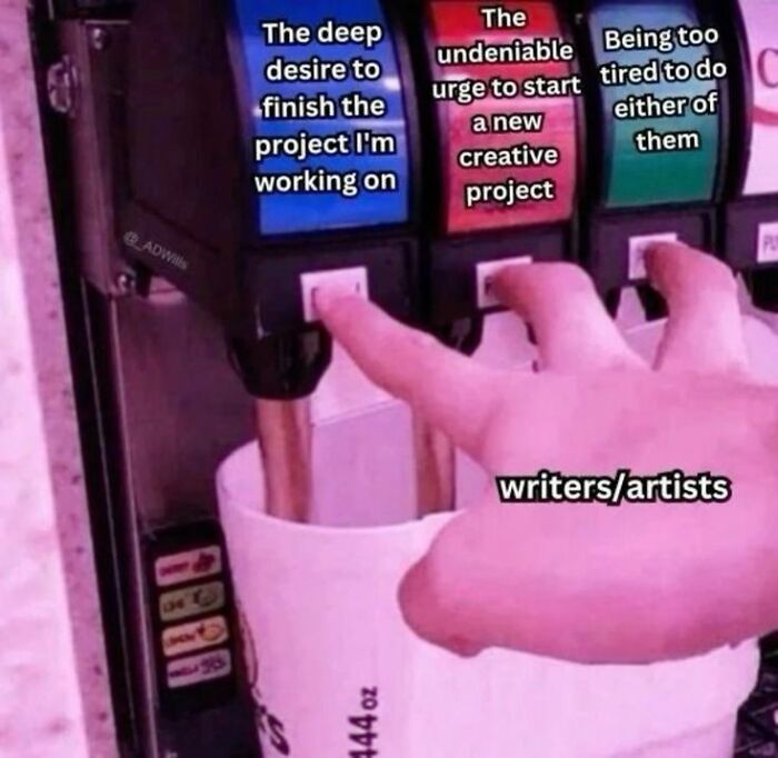 Hand pressing two soda machine buttons labeled creative urges and project desires, representing writers and artists’ neurodivergence.