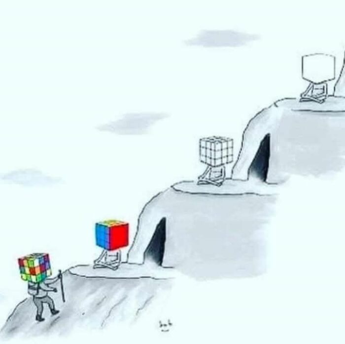 Illustration of figures with Rubik's Cube heads climbing steps, representing a funny meme about neurodivergence concepts.