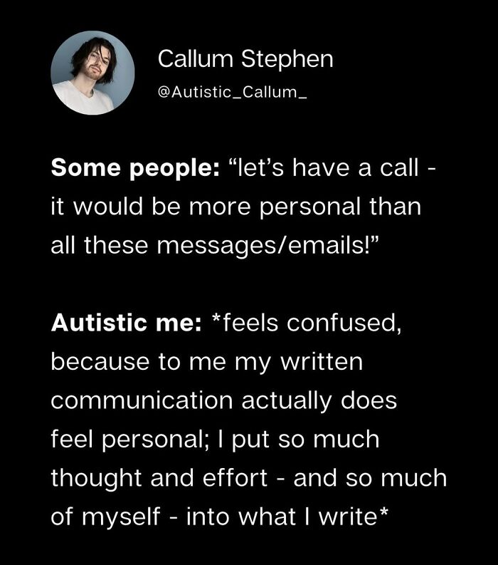 Tweet about communication differences from an autistic perspective, highlighting neurodivergence and personal expression in writing.
