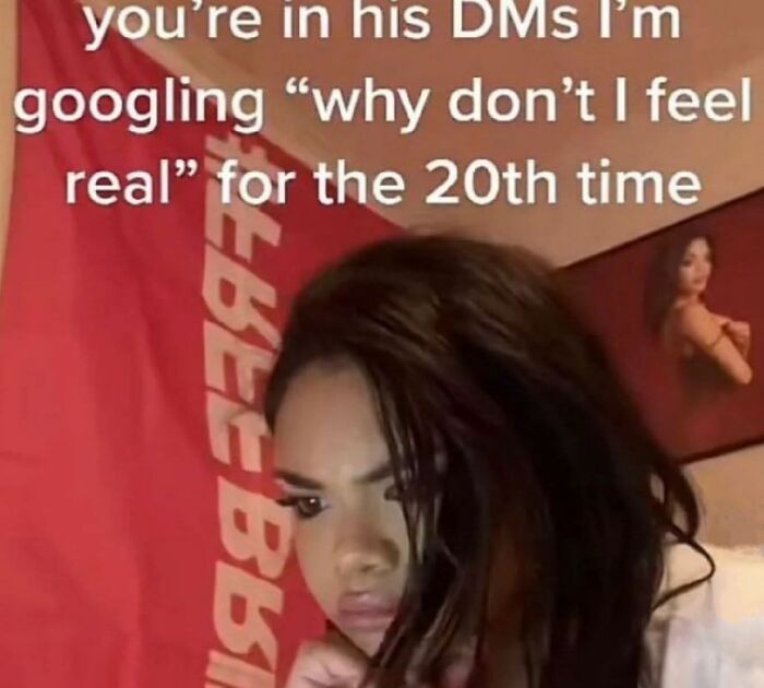 Young woman looking at her phone with text overlay about googling feelings, humorous meme related to neurodivergence.