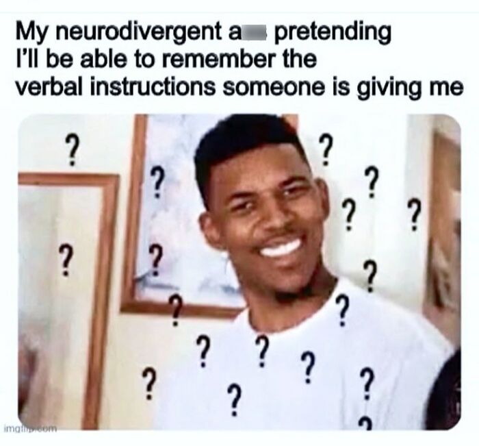 A confused man surrounded by question marks, illustrating a neurodivergent experience with verbal instructions.