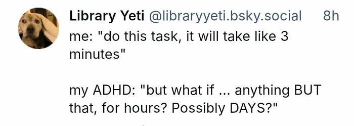 Social media post humorously illustrating ADHD procrastination, fitting for funny memes on neurodivergence understanding.