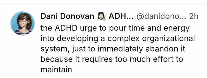Tweet screenshot by Dani Donovan describing the ADHD urge to create then abandon complex organizational systems, relating to neurodivergence memes.