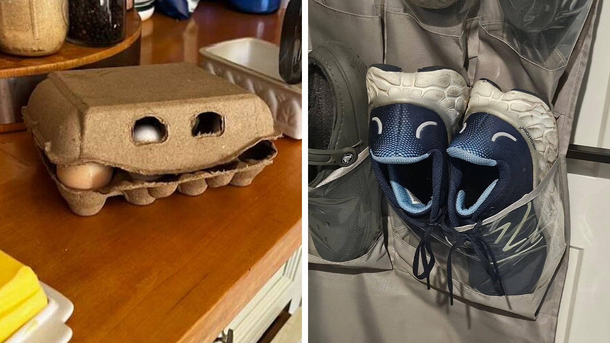 Random objects that look like faces including an egg carton and shoes with facial expressions in a humorous face illusion.