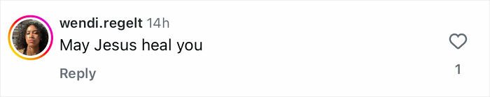 Comment on social media post by user wendi.regelt, expressing a wish for healing with a calm facial expression. Comment on social media post by user wendi.regelt, expressing a wish for healing with a calm facial expression.