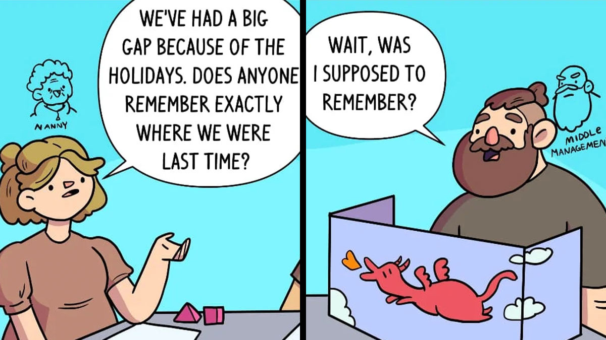 Comic panel showing characters blending parenting and fantasy gaming humor during a tabletop game session.