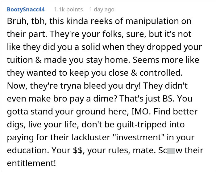 Comment text discussing manipulation by parents forcing pay expensive rent, urging standing ground and avoiding guilt trips. Comment text discussing manipulation by parents forcing pay expensive rent, urging standing ground and avoiding guilt trips.