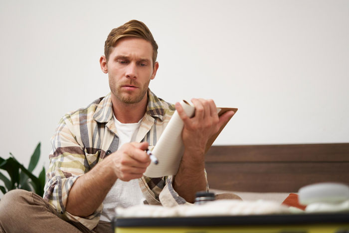 Man in casual shirt reading anonymous note, concerned over dodgy neighbor trying to trick woman’s parking spot.