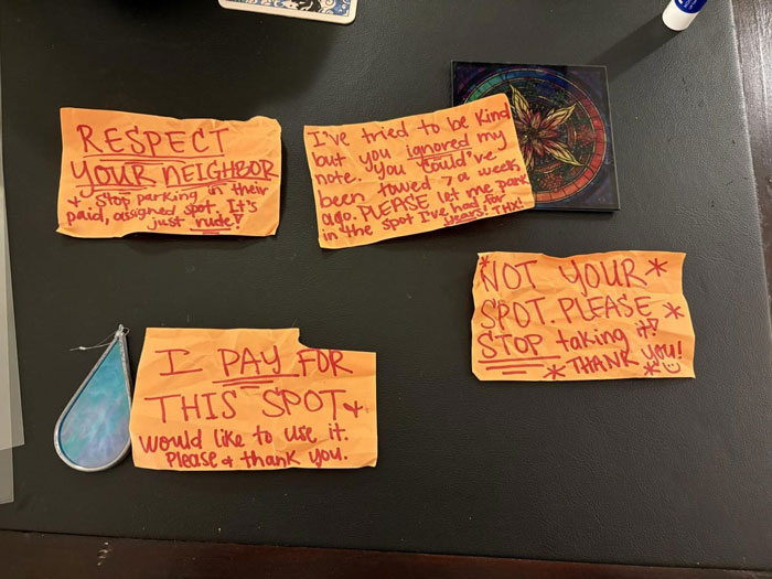 Anonymous notes from a dodgy neighbor attempting to trick a woman into giving up her paid parking spot.