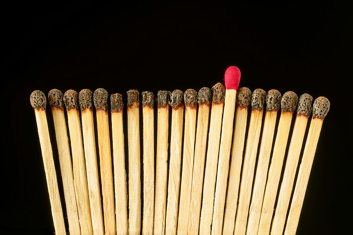 Burnt matchsticks with one unburnt red matchstick in the middle, illustrating odd-one-out visual thinker question. Burnt matchsticks with one unburnt red matchstick in the middle, illustrating odd-one-out visual thinker question.