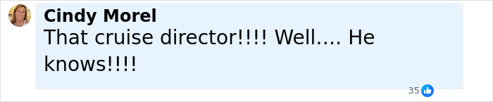 Comment by Cindy Morel about cruise director, hinting knowledge related to Amy Bradley cruise ship mystery details. Comment by Cindy Morel about cruise director, hinting knowledge related to Amy Bradley cruise ship mystery details.
