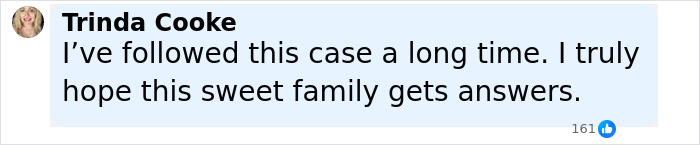 Comment from Trinda Cooke expressing hope the Amy Bradley cruise ship mystery case gets answers and closure for the family. Comment from Trinda Cooke expressing hope the Amy Bradley cruise ship mystery case gets answers and closure for the family.