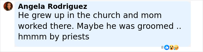 Angela Rodriguez commenting about upbringing in church and possible grooming by priests in a Facebook post discussing Minneapolis massacre culprit. Angela Rodriguez commenting about upbringing in church and possible grooming by priests in a Facebook post discussing Minneapolis massacre culprit.