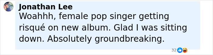 Comment box showing Jonathan Lee praising a female pop singer’s risqué new album, calling it groundbreaking. Comment box showing Jonathan Lee praising a female pop singer’s risqué new album, calling it groundbreaking.