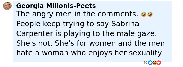 Comment highlighting reactions to Sabrina Carpenter pole dance video and discussions about male gaze and female sexuality. Comment highlighting reactions to Sabrina Carpenter pole dance video and discussions about male gaze and female sexuality.