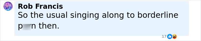 Comment by Rob Francis criticizing singing along to borderline explicit content, with reactions visible below. Comment by Rob Francis criticizing singing along to borderline explicit content, with reactions visible below.