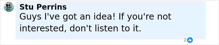 Stu Perrins suggesting an idea in a casual comment, asking uninterested viewers not to listen. Stu Perrins suggesting an idea in a casual comment, asking uninterested viewers not to listen.