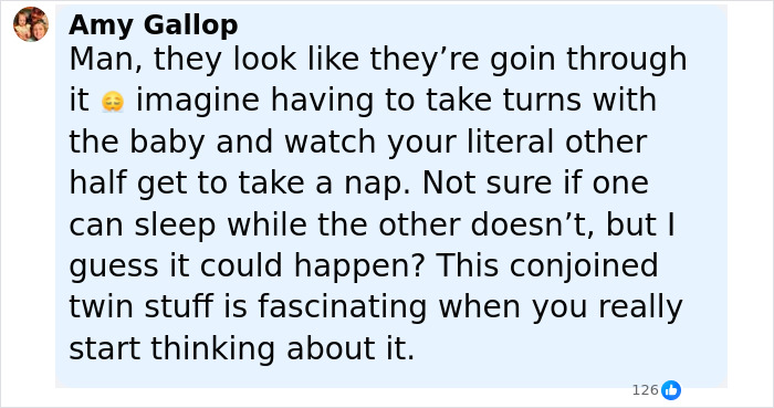 Comment by Amy Gallop discussing the challenges of parenting and motherhood for conjoined Hensel twins with a new baby. Comment by Amy Gallop discussing the challenges of parenting and motherhood for conjoined Hensel twins with a new baby.