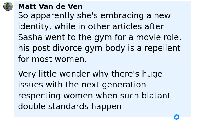 ALT text: Comment discussing Isla Fisher’s tough couple of years amid split with Sasha Baron Cohen and related double standards. ALT text: Comment discussing Isla Fisher’s tough couple of years amid split with Sasha Baron Cohen and related double standards.