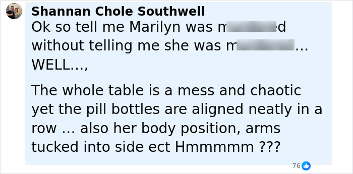 Screenshot of a social media post discussing suspicious findings in Marilyn Monroe autopsy and body position details. Screenshot of a social media post discussing suspicious findings in Marilyn Monroe autopsy and body position details.