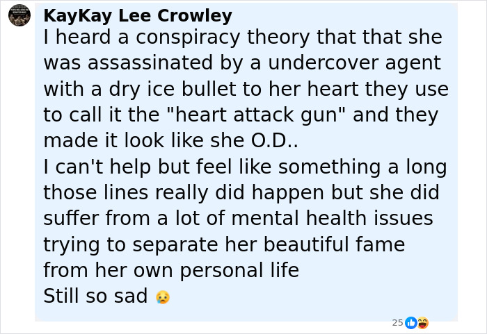 User comment discussing conspiracy theory about Marilyn Monroe's suspicious death and mental health struggles. User comment discussing conspiracy theory about Marilyn Monroe's suspicious death and mental health struggles.