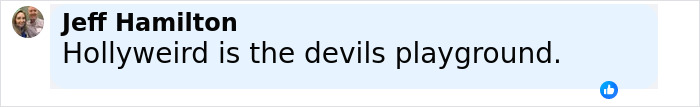 Comment by Jeff Hamilton reading Hollyweird is the devils playground in a social media post.