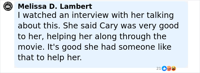 Comment by Melissa D. Lambert discussing Alicia Silverstone’s co-star Cary being supportive during the movie filming.