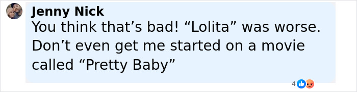 Comment by Jenny Nick about Alicia Silverstone kissing co-star and mentioning the movie Pretty Baby in a social media post.