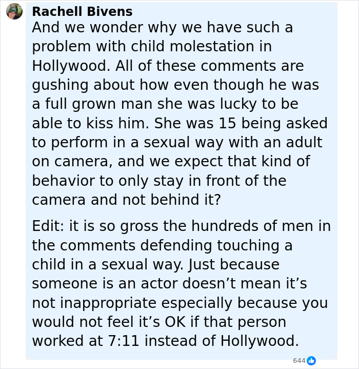 Comment highlighting concerns about child molestation in Hollywood related to a 15-year-old Alicia Silverstone kissing a 30-year-old co-star.