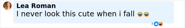 Text message from Lea Roman reading I never look this cute when I fall with laughing emojis, referencing Anne Hathaway heel breaking fall. Text message from Lea Roman reading I never look this cute when I fall with laughing emojis, referencing Anne Hathaway heel breaking fall.