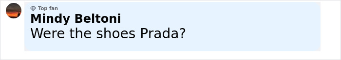 Comment from Mindy Beltoni asking if the shoes were Prada in a discussion about Anne Hathaway’s heel breaking incident. Comment from Mindy Beltoni asking if the shoes were Prada in a discussion about Anne Hathaway’s heel breaking incident.