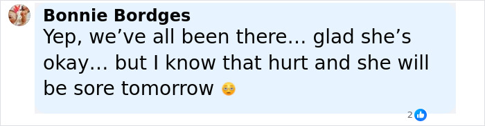 Comment from Bonnie Bordges expressing concern about Anne Hathaway's fall after her heel broke on set. Comment from Bonnie Bordges expressing concern about Anne Hathaway's fall after her heel broke on set.