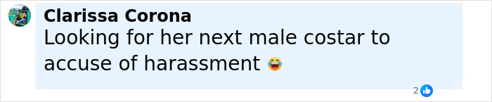 Facebook comment by Clarissa Corona joking about Blake Lively and harassment accusations in a rom-com context. Facebook comment by Clarissa Corona joking about Blake Lively and harassment accusations in a rom-com context.