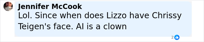 Facebook comment by Jennifer McCook mentioning Lizzo and Chrissy Teigen, discussing AI and online humor. Facebook comment by Jennifer McCook mentioning Lizzo and Chrissy Teigen, discussing AI and online humor.