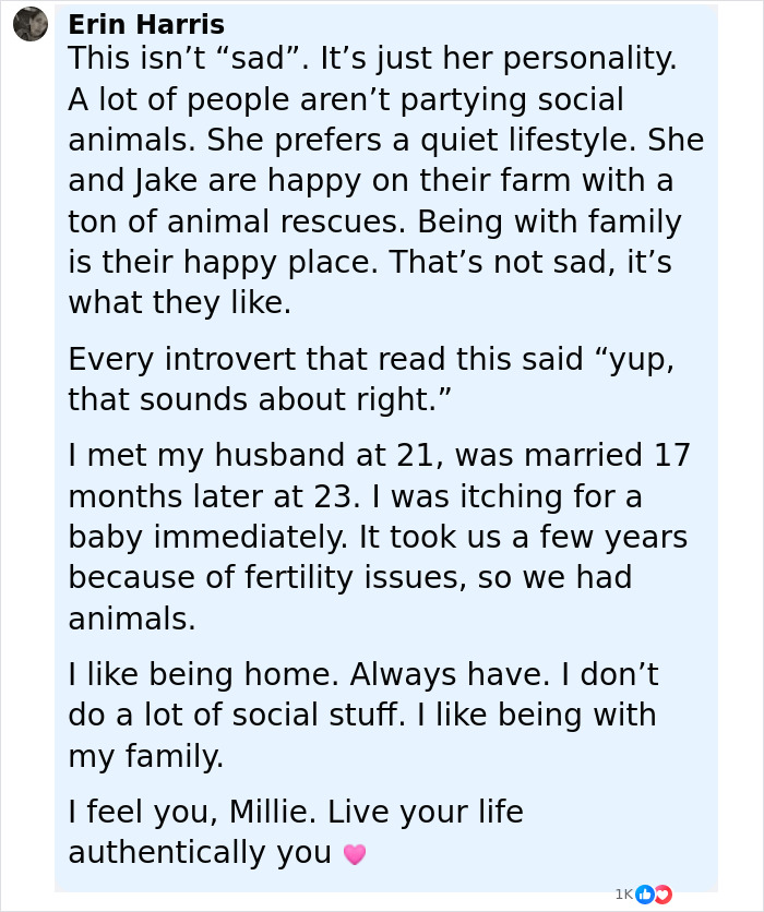Comment supporting Millie Bobby Brown’s lifestyle after adopting a baby, highlighting introversion and family happiness on a farm. Comment supporting Millie Bobby Brown’s lifestyle after adopting a baby, highlighting introversion and family happiness on a farm.