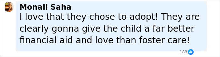 Comment praising Millie Bobby Brown’s decision to adopt, highlighting better financial aid and love than foster care. Comment praising Millie Bobby Brown’s decision to adopt, highlighting better financial aid and love than foster care.