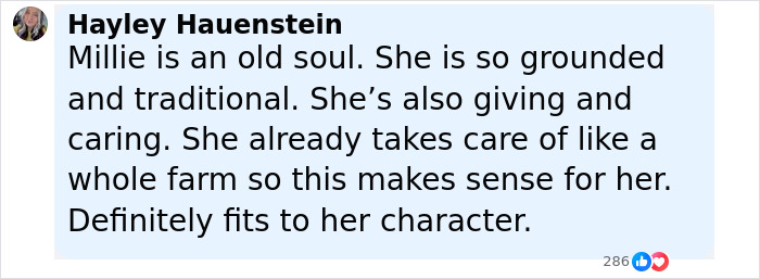 Comment from Hayley Hauenstein praising Millie Bobby Brown’s grounded and caring nature after adoption news at 21. Comment from Hayley Hauenstein praising Millie Bobby Brown’s grounded and caring nature after adoption news at 21.