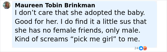 Comment expressing mixed feelings after Millie Bobby Brown adopted a baby at 21, raising fan concerns. Comment expressing mixed feelings after Millie Bobby Brown adopted a baby at 21, raising fan concerns.