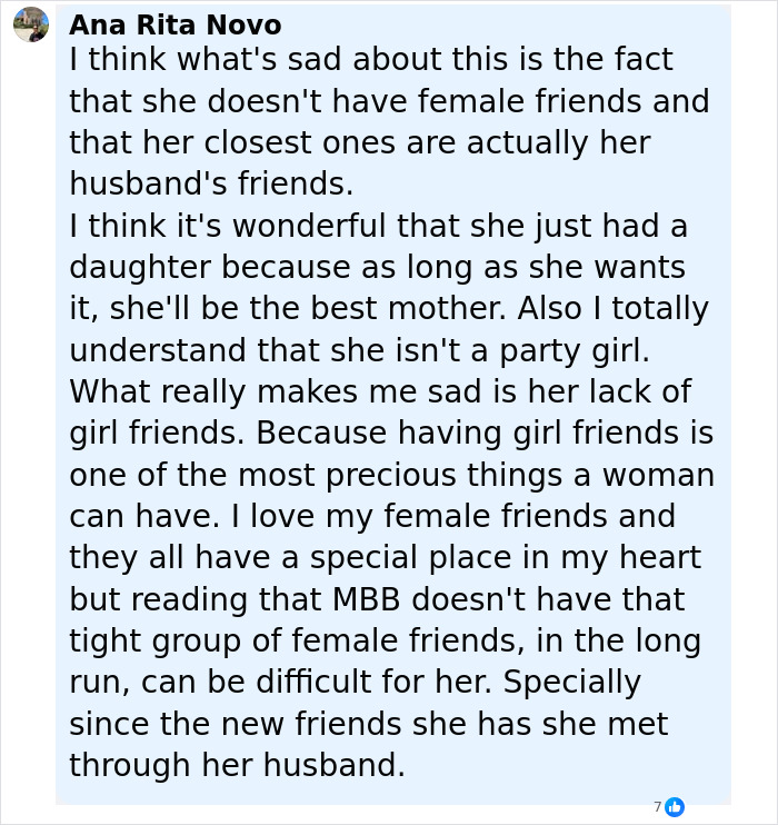 Comment discussing Millie Bobby Brown's lack of close female friends and concerns after adopting a baby at 21. Comment discussing Millie Bobby Brown's lack of close female friends and concerns after adopting a baby at 21.