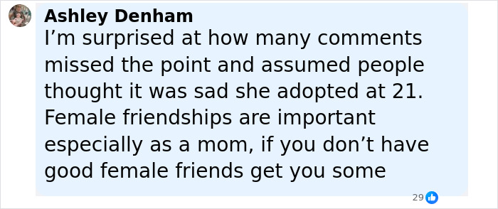 ALT text: Facebook comment discussing Millie Bobby Brown adopting a baby at 21 and the importance of female friendships for moms ALT text: Facebook comment discussing Millie Bobby Brown adopting a baby at 21 and the importance of female friendships for moms