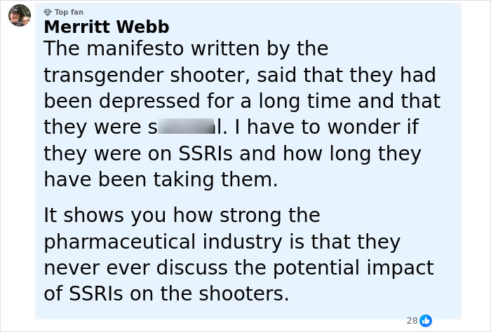 Comment discussing the manifesto of the Minneapolis massacre culprit and the potential link to SSRI medication use. Comment discussing the manifesto of the Minneapolis massacre culprit and the potential link to SSRI medication use.