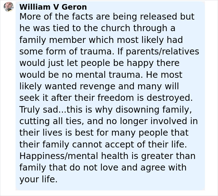 Comment by William V Geron discussing trauma, revenge, and family impact related to Minneapolis massacre culprit manifesto and photos. Comment by William V Geron discussing trauma, revenge, and family impact related to Minneapolis massacre culprit manifesto and photos.