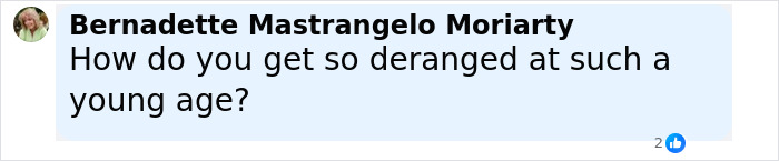 Comment from Bernadette Mastrangelo Moriarty questioning how someone becomes deranged at a young age related to Minneapolis massacre culprit. Comment from Bernadette Mastrangelo Moriarty questioning how someone becomes deranged at a young age related to Minneapolis massacre culprit.
