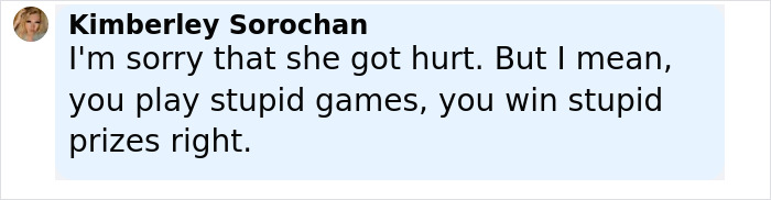 Comment by Kimberley Sorochan expressing sympathy about influencer’s injury after stiletto challenge fall. Comment by Kimberley Sorochan expressing sympathy about influencer’s injury after stiletto challenge fall.