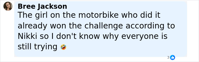 Comment from Bree Jackson discussing the girl on a motorbike who won the Nicki Minaj stiletto challenge. Comment from Bree Jackson discussing the girl on a motorbike who won the Nicki Minaj stiletto challenge.