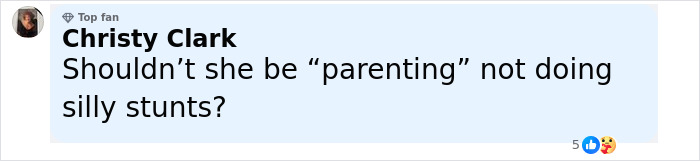 Comment by Christy Clark questioning parenting choices over doing stunts, related to influencer fractures spine SEO topic. Comment by Christy Clark questioning parenting choices over doing stunts, related to influencer fractures spine SEO topic.