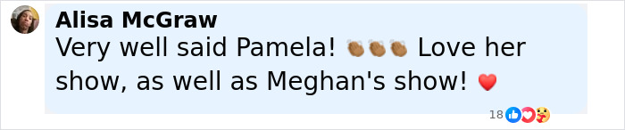 Comment from Alisa McGraw praising Pamela Anderson and Meghan Markle's cooking shows with emojis, reacting to Pamela Anderson breaking silence. Comment from Alisa McGraw praising Pamela Anderson and Meghan Markle's cooking shows with emojis, reacting to Pamela Anderson breaking silence.