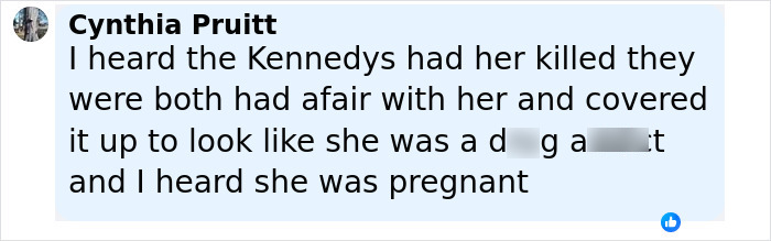 Screenshot of a social media comment discussing the Marilyn Monroe autopsy and suspicious findings decades later. Screenshot of a social media comment discussing the Marilyn Monroe autopsy and suspicious findings decades later.