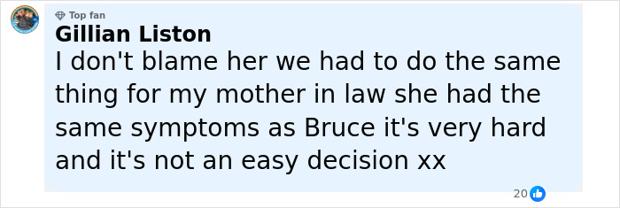 Comment from a top fan discussing Bruce Willis's dementia battle and the difficult decision to live separately. Comment from a top fan discussing Bruce Willis's dementia battle and the difficult decision to live separately.
